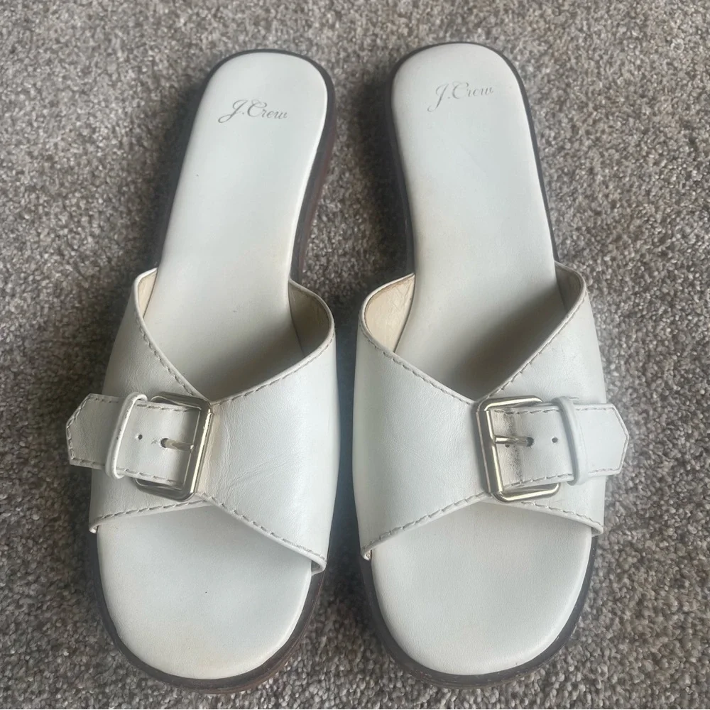 J. Crew Gretchen Buckle Slide Sandals 9.5 White Vachetta Leather Slip On - Picture 3 of 8